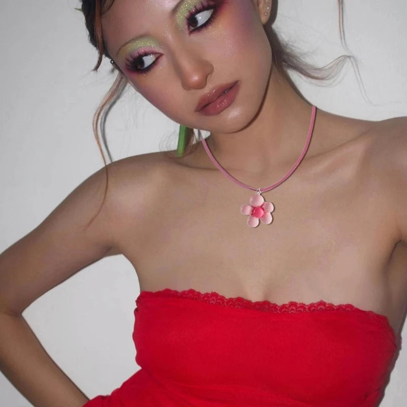 Colorful Flower Necklace Statement Pendant Necklace Floral Design Neck Jewelry Rope Necklace Perfect Gift for Teens.