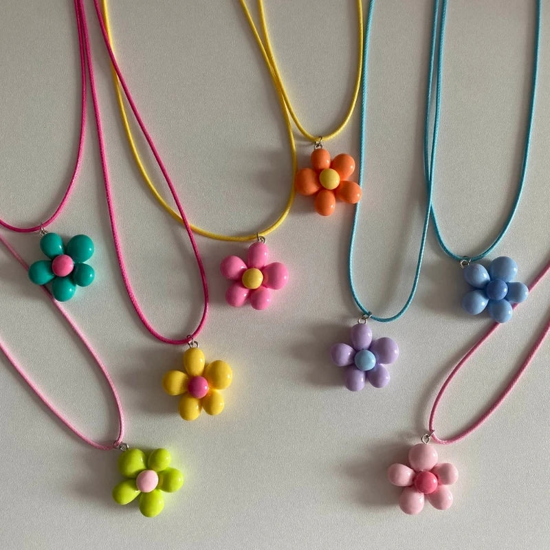 Colorful Flower Necklace Statement Pendant Necklace Floral Design Neck Jewelry Rope Necklace Perfect Gift for Teens.