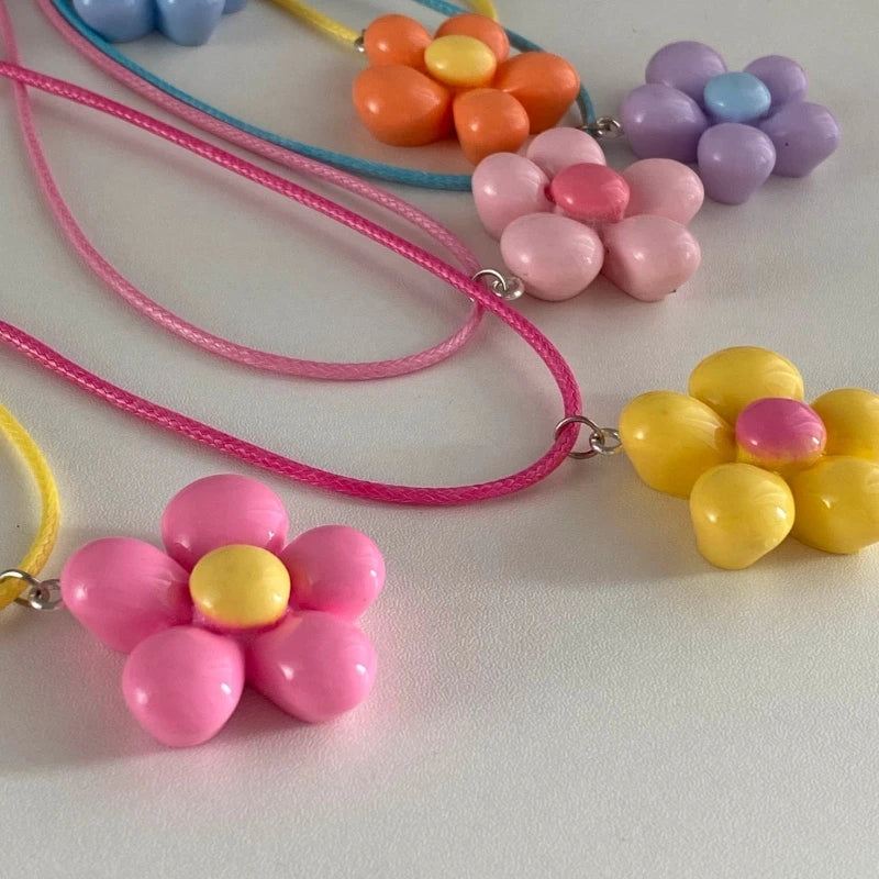 Colorful Flower Necklace Statement Pendant Necklace Floral Design Neck Jewelry Rope Necklace Perfect Gift for Teens.